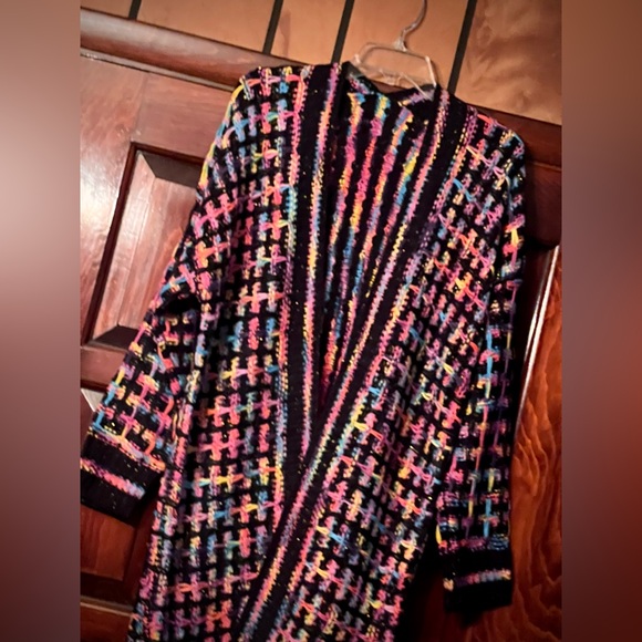New Multicolor black long bohemian cardigan coat with fringes size s/m - Picture 3 of 15